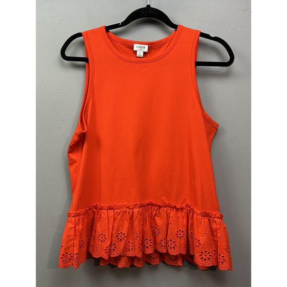 J Crew‎ Tank Top Womens Small Orange Eyelet Hem Sleeveless Ruffle Peplum Shirt - Picture 1 of 7